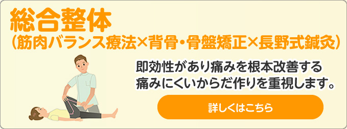 総合整体（筋肉バランス療法×背骨・骨盤矯正×長野式鍼灸）詳しくはコチラ