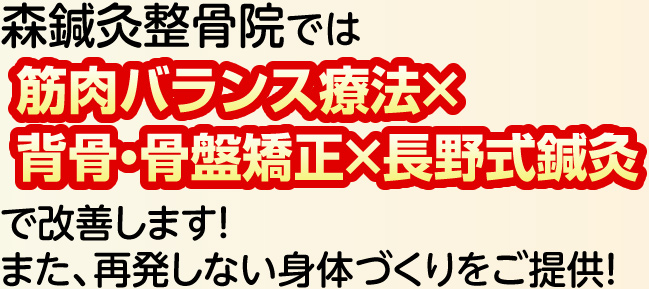 筋肉バランス治療×背骨・骨盤矯正×長野式鍼灸で改善します！また、再発しない体づくりをご提供！